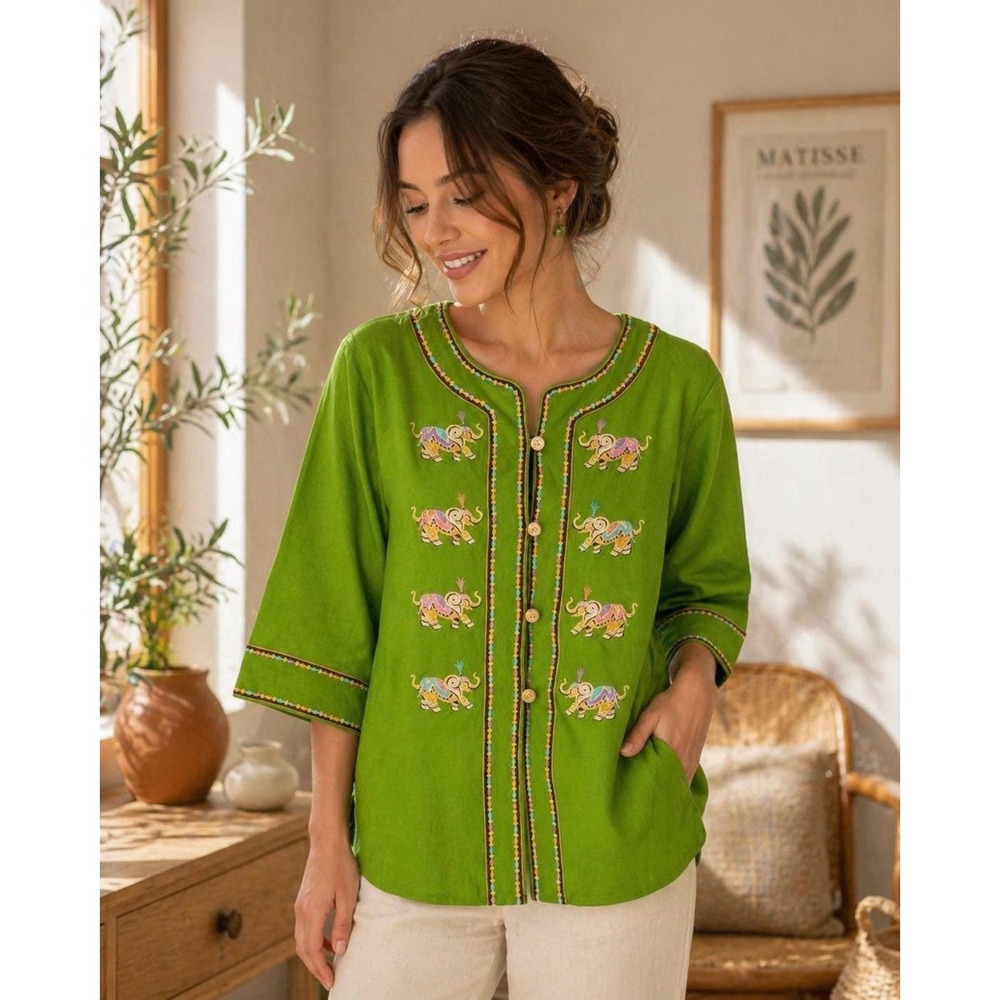 Bob Mackie Wearable Art Vintage 90s Elephant Embroidered Green Jacket XL